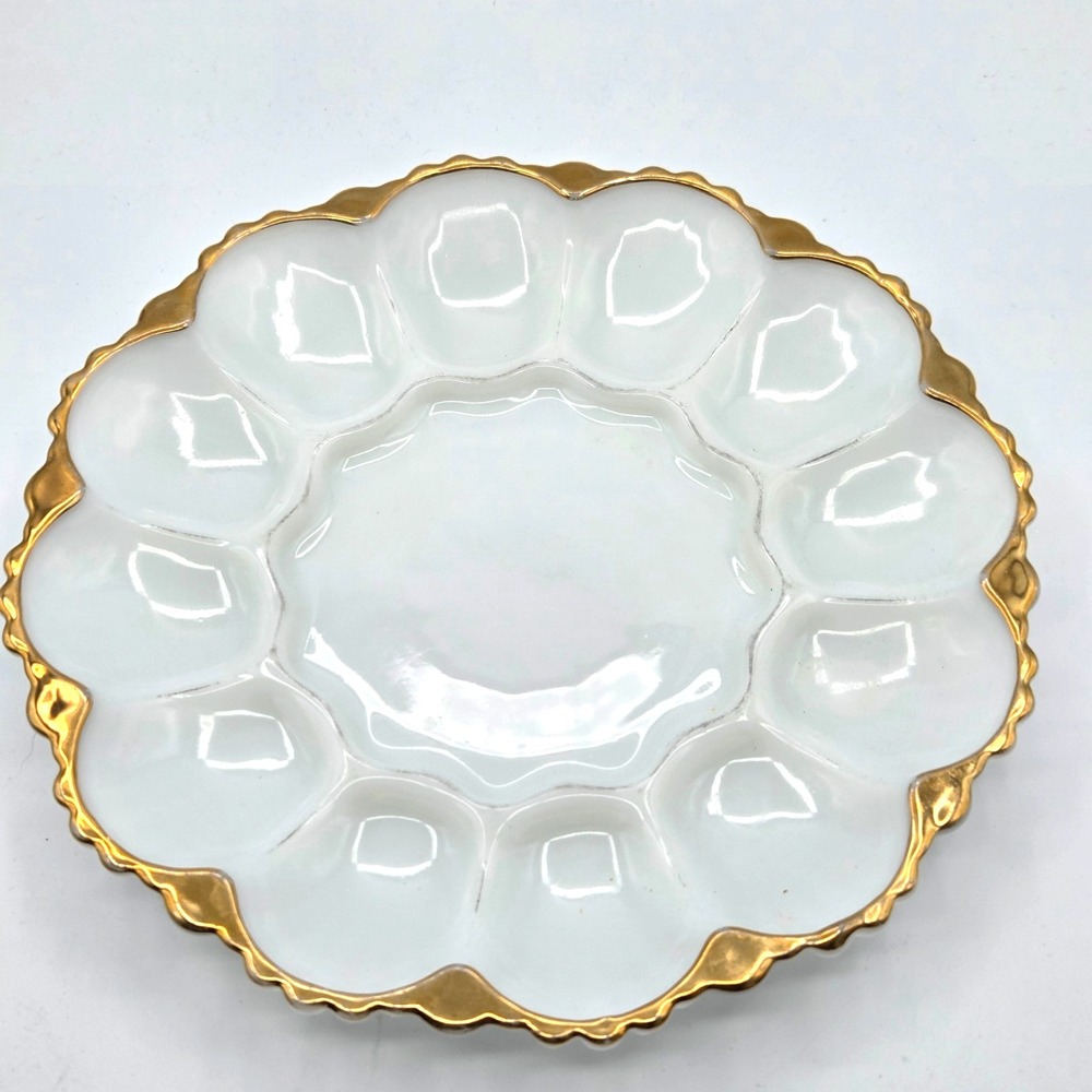 Anchor Hocking Fire King Milk Glass Plate Deviled Egg Dish 22K Gold Trim
